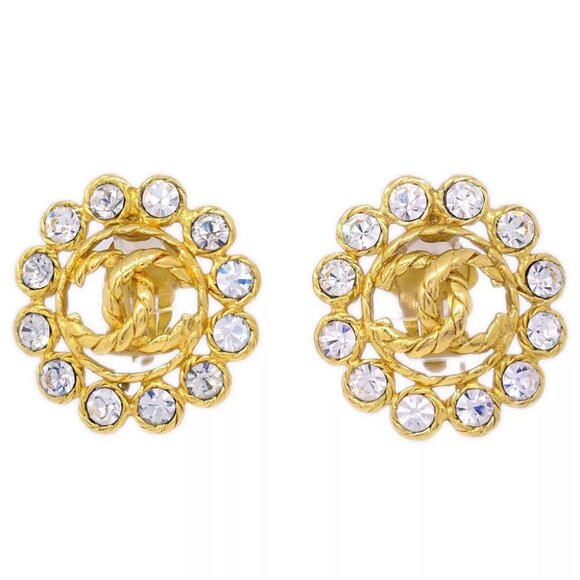 Chanel Gold Button Earrings Clip-On Rhinestone - Picture 1 of 4